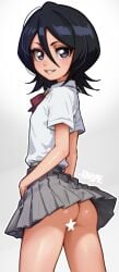 absurdres arms_at_sides artist_name ass black_hair bleach blush bow bowtie breasts censored clothes_lift commentary cowboy_shot dress_shirt female from_behind from_side grey_skirt grin hair_between_eyes hand_on_own_leg highres karakura_high_school_uniform kuchiki_rukia light_blush long_bangs looking_at_viewer looking_back looking_to_the_side loose_hair_strand miniskirt no_panties nose paid_reward_available parted_lips pleated_skirt purple_eyes rahime red_bow red_bowtie school_uniform shirt short_hair short_sleeves signature simple_background skirt skirt_lift small_breasts smile solo standing star_censor white_background white_shirt wind wind_lift