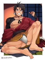 1boy abs arm_sleeves ass_visible_through_thighs barefoot belt big_areola big_breasts big_bulge black_eyes black_hair blush bulge bulge_through_clothing clenched_teeth collarbone earrings ebitendon erect_nipples feather_earrings feet folded_leg fundoshi grin hi_res holding_object japanese_clothes japanese_house kimono looking_at_viewer male male_breasts male_only mature_male muscles muscular muscular_arms muscular_legs muscular_male muscular_thighs nagatekkou night obi open_clothes oppai original original_character pecs rokushaku_fundoshi sake_dish short_hair sitting soles solo spread_legs tatami thick_thighs toes torakichi_(ebitendon) torakitchen tough_guy white_border white_fundoshi window yaoi