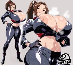 artist_name black_gloves black_jacket black_pants boots breasts brown_eyes brown_hair cleavage fatal_fury folding_fan full_body gloves hand_fan hand_on_own_hip high_heel_boots high_heels huge_breasts huge_nipples jabara_tornado jacket large_areolae large_breasts latex latex_boots latex_jacket latex_pants latex_shirt long_hair looking_at_viewer looking_down midriff navel nipple_slip nipples no_bra open_clothes open_jacket pants ponytail puffy_nipples shiranui_mai signature skin_tight smile standing street_fighter street_fighter_6 sweat thick_thighs thighs unzipping watermark zipper