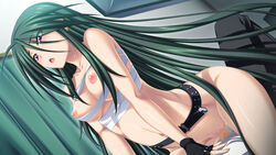 areolae belt blush breasts censored cowgirl_position curtains female game_cg green_hair highres long_hair looking_down lying medium_breasts mikoshi_matsuri mosaic_censoring nipples nude open_mouth penis purple_eyes pussy sarashi sex sitting sitting_on_person sweat tsujidou-san_no_virgin_road vaginal_penetration