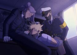 age_difference bare_ass blush blush chronostasis clothed_sex cum_in_pussy cum_on_face hair_pulling hari_kurono kai_chisaki katsuki_bakugou masturbation penetration threesome