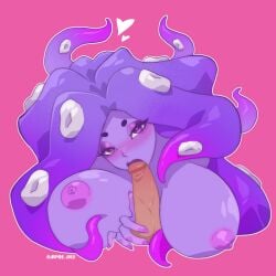 artist_name blowjob blush blushing_female disembodied_penis hard_nipples hard_on heart_eyes hearts huge_breasts looking_at_viewer momma_occo octopus_girl purple_body purple_eyes purple_hair purple_lipstick purple_skin sucking_penis sucking_tip tentacle tentacle_hair thick_penis vtuber vtuberfanart