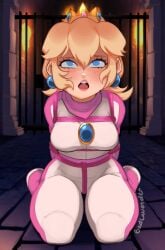 1girls artist_signature badlavender biker_clothes blonde_hair bodysuit bondage bound crotch_rope crown detailed_background female female_only mario_(series) nintendo on_knees princess princess_peach rope rope_bondage skin_tight solo spacesuit super_mario_bros._(2023_film) tight_clothing