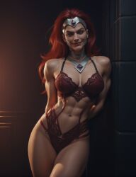 abs absurd_res ai_generated athletic circe circe_(dc) creature_commandos dc dc_comics female green_eyes lingerie red_hair synth_canvas tagme