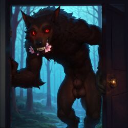 absurd_res ai_generated animal_genitalia anthro athletic athletic_male ball_tuft balls big_balls biped blush brown_balls brown_body brown_fur canid canine canis chest_tuft claws door doorway fangs flower flower_in_mouth forest fully_sheathed fur genitals glowing glowing_eyes grin hi_res hummuna leaning looking_at_viewer male mammal mythological_canine mythological_creature nature night nude opening_door outside plant red_eyes sheath slim smile solo standing teeth tree tuft were werecanid werecanine werewolf wolf