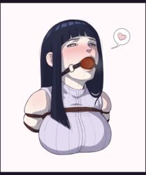 1girls ball_gag bangs bare_shoulders black_hair blunt_bangs blush bondage bound breasts clothing english_commentary female female_focus female_only gag gagged heart highres hyuuga_hinata large_breasts long_hair looking_at_viewer milf naruto naruto:_the_last naruto_(series) naruto_shippuden rope saliva simple_background solo solo_female solo_focus speech_bubble sweat tied_up upper_body white_background wtfeather