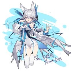 animal_ears big_breasts blue_eyes jewelry long_hair navel pink_eyes ribbon smile star suit thighs white_hair