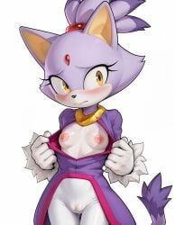 ai_generated anthro blaze_the_cat blush cameltoe clothing female flustered furry highres katalystnya looking_away nipples open_clothes revealing_breasts shy small_breasts solo sonic_(series) sonic_the_hedgehog_(series) white_background