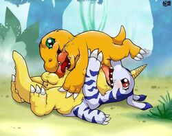 69 agumon color digimon fellatio fur furry gabumon interspecies male male_only momiji-kun multiple_males oral yaoi