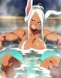 1girls ai_generated areolae bathing biceps bunny_ears completely_nude convenient_censoring dark_skin female head_tilt hotsprings knees_up large_breasts long_hair miruko navel onsen red_eyes smirk solo submerged white_hair zorkpics