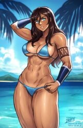 abs adjusting_clothes adjusting_swimsuit arm_tattoo avatar_legends beach biceps bikini blue_bikini blue_eyes bracer breasts brown_hair dark-skinned_female dark_skin female hair_between_eyes highres iahfy korra large_breasts long_hair muscular muscular_female navel palm_tree shiny_skin signature solo stomach sweat swimsuit tattoo the_legend_of_korra thighs tree