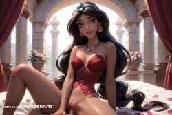 1boy 1boy1girl 1girls ai_generated aladdin aladdin_(1992_disney_film) arm_support artist_name bare_shoulders black_hair blurry bottomless breasts brown_eyes bustier cleavage corset cowgirl_position cum cum_in_pussy curtains dark-skinned_female dark_skin disney disney_princess earrings flower hairband hi_res indoors jewelry lips long_hair looking_at_viewer low-tied_long_hair medium_breasts mole mole_under_eye multiple_hair_ties necklace parted_lips patreon_username penis petals pillar princess_jasmine progenarts pussy sex solo_focus spread_legs straddling straight strapless uncensored vaginal_penetration vaginal_sex vase very_long_hair