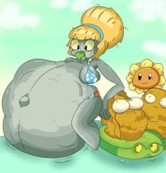 bikini bikini_zombie bikini_zombie_(pvz) blonde_hair clothed grey_body nomyart nuts plants plants_vs_zombies sunflower_(pvz) vore vore_belly water zombie zombie_girl