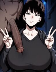 ai_generated bangs black_hair black_jacket black_shirt clothed_female collarbone dark-skinned_male drunknnasty han_sooyoung hand_on_another's_head large_penis light_smile nervous nervous_smile nude_male omniscient_reader's_viewpoint peace_sign penis short_hair testicles