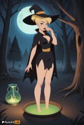 1girls ai_generated artist_name bare_legs bare_tree belt black_cape black_dress black_headwear black_lips blonde_hair blue_eyes breasts cape cleavage disney dress fairy fairy_wings forest full_body full_moon hair_bun halloween halloween_costume hat hi_res looking_at_viewer makeup medium_breasts moon nature night night_sky outdoors peter_pan_(disney) ponytail rule34lab sky solo standing star_\(sky\) tinker_bell tree witch witch_hat