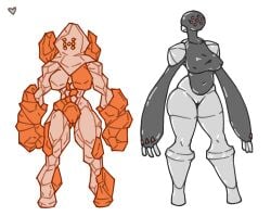 anthro armor armor_plates belly big_hands breasts duo eyelashes female generation_3_pokemon genitals grey_body heartear18 legendary_pokemon metallic_body multi_eye muscular nintendo nipple_outline orange_body pokemon pokemon_(species) pussy regirock registeel rock rule_63 thick_thighs