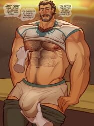 arcane balls bara beard big_balls big_bulge big_penis blush body_hair bulge bulge_fondling disembodied_hands facial_hair flaccid league_of_legends male male_only muscles muscular penis shirt_up skayous speech_bubble underwear vander