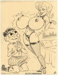 1boy 1girls 2004 bewitched darrin_stephens female gigantic_breasts huge_breasts julius_zimmerman male monochrome samantha_stephens standing tagme top_heavy traditional_media_(artwork)