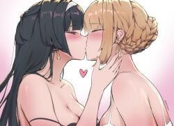 2girls astra_yao bare_shoulders black_hair blonde_hair blush bra braid braided_hair breasts cleavage closed_eyes earrings evelyn_chevalier female female_only french_kiss hairband heart kissing lesbian passionate red_eyes strap_slip yuri zenless_zone_zero