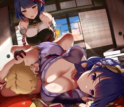 aether_(genshin_impact) asphyxiation between_legs between_thighs big_breasts black_hair blonde_hair blush breasts choking cleavage genshin_impact golden_eyes hair_ornament head_between_legs head_between_thighs headscissor headscissors implied_cunnilingus implied_sex kimono kujou_sara large_breasts leg_lock mask purple_eyes purple_hair raiden_shogun sweat sweating sweaty_breasts tagme takashia_(akimototakashia) tengu_mask thick_thighs thighs