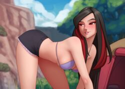 1girls bending_over bent_over bikini_top black_hair blush camping deilan12 female_focus female_only fortunia_(pokémon) frontier_brain human human_only looking_back lucy_(pokemon) nintendo no_shirt outdoor outdoors outside pokémon pokemon pokemon_rse red_eyes red_highlights shorts solo solo_female solo_focus tent