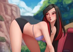 1girls bending_over bent_over bikini_top black_hair blush camping deilan12 female_focus female_only fortunia_(pokémon) frontier_brain human human_only looking_back lucy_(pokemon) nintendo no_shirt outdoor outdoors outside pokémon pokemon pokemon_rse red_eyes red_highlights shorts solo solo_female solo_focus tent