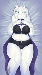 2021 32rabbitteeth big_breasts bra breasts clothed clothing female fur furry furry_only green_eyes hi_res horns looking_aside panties smirk thick_thighs toriel undertale undertale_(series) underwear white_fur