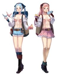 2girls alternate_costume alternate_hairstyle animal backpack bare_legs bare_shoulders biggitybiggitybig bird blue_eyes blue_hair blush boots detached_sleeves edit felicia_(fire_emblem) felicia_(picnic)_(fire_emblem) fingerless_gloves fire_emblem fire_emblem_fates fire_emblem_heroes flora_(fire_emblem) flora_(picnic)_(fire_emblem) food gloves grey_eyes grin hair_down high_heels looking_at_viewer medium_breasts medium_hair multiple_girls nintendo nipples nude_filter official_art open_mouth pink_hair sandwich shorts skirt smile squirrel topless transparent_background twintails