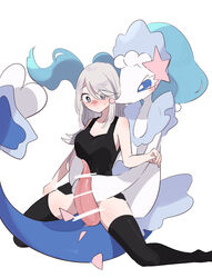 1boy 1girls absurd_res animal_genitalia animal_penis anthro arms_around_waist big_penis black_tank_top black_thighhighs blue_eyes blue_hair blush bodily_fluids censored clothed clothing duo female femsub fully_clothed genital_fluids genitals girly grey_hair hair hand_on_stomach hi_res holding_waist human human_on_anthro imminent_sex ineffective_censorship interspecies larger_anthro larger_male looking_at_another looking_at_genitalia looking_at_partner looking_at_penis male male_pokemon male_pokemon/female_human maledom mammal momikumo_(artist) nintendo nude on_lap penis pokémon_(species) poképhilia pokemon pokephilia precum primarina size_difference slit smaller_female smaller_human straddling straight tank_top tapering_penis thighhighs video_games waist_grab