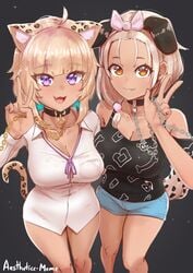 2girls :3 aestheticc-meme ahoge animal_collar animal_ears animal_print artist_name bangs_pinned_back black_background blonde_female blonde_hair bone bow bra breasts brown_eyes cat_ears cat_tail catgirl chains choker cleavage collar collarbone cowboy_shot cute_fang dark-skinned_female denim denim_shorts dog_ears dog_girl dog_tail dress_shirt eyebrows_visible_through_hair eyelashes eyes_visible_through_hair female gold_chain gyaru hair_ornament hairbow holding holding_chain hololive hololive_gamers hololive_japan inugami_korone kemonomimi knees large_breasts leopard_print long_hair looking_at_viewer low-tied_long_hair medium_breasts multiple_girls nekomata_okayu purple_eyes see-through see-through_clothing shirt short_shorts shorts smile starry_background tail tan_body tan_skin tank_top thighs underwear virtual_youtuber