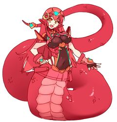 belly_button gloves hair_ornament hand_on_hip lamia large_breasts looking_at_viewer miia_(monster_musume) monster_girl monster_musume_no_iru_nichijou pointy_ears pyra_(xenoblade)_(cosplay) red_hair rtil scales see-through_clothing snake_girl solo_female white_background wide_hips xenoblade_(series) xenoblade_chronicles_2