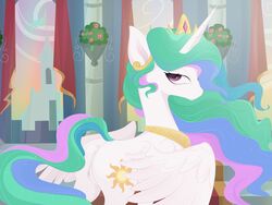 4:3 absurd_res alicorn anus ass blue_hair collar crown cutie_mark equid equine feathered_wings feathers female feral friendship_is_magic genitals green_hair hair hasbro hi_res horn horse inside jewelry long_hair looking_at_viewer looking_back looking_back_at_viewer mammal multicolored_hair my_little_pony necklace pink_hair pony princess_celestia_(mlp) purple_eyes pussy rear_view solo white_body wings xsatanielx