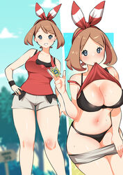 1girls 2021 alternate_breast_size black_bra black_panties blush bra breasts brown_hair condom fair-skinned_female fair_skin female female_focus female_only hand_on_hip hi_res hips holding_object huge_breasts kenron_toqueen light-skinned_female light_skin looking_at_viewer may_(pokemon) may_(pokemon_oras) medium_hair naughty_face nintendo octoosr outdoors panties pokemon pokemon_oras red_ribbon red_tank_top ribbon ribbon_in_hair shirt_in_mouth short_shorts shorts shorts_pull slim_waist smile solo solo_female solo_focus suggestive_look tank_top_lift thick_thighs thighs top_lift white_border white_shorts wide_hips