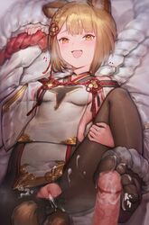 animal_ears aos ass bangs black_legwear breasts brown_eyes brown_hair censored cum cum_on_feet cumdrip feet female foot_fetish footjob granblue_fantasy highres looking_at_viewer lying mosaic_censoring on_back pantyhose penis pov pussy short_hair spread_legs sweat toes vajra_(granblue_fantasy)