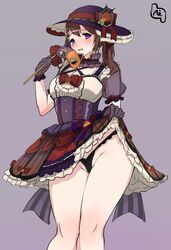 artist_request bang_dream! black_panties blush breasts brown_hair cleavage cowboy_shot gloves hair_ornament halloween hat mask medium_breasts moon_hair_ornament panties purple_eyes skirt skirt_lift star_(symbol) star_hair_ornament thong toyama_kasumi underwear