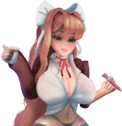 big_breasts brown_hair doki_doki_literature_club green_eyes heart heart_pen hourglass_figure huge_breasts midriff monika_(doki_doki_literature_club) pen seductive seductive_eyes see-through see-through_clothing tagme thighhighs thong white_bow