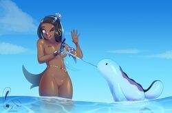 2021 32rabbitteeth black_hair blue_eyes blue_hair breasts dark-skinned_female dark_skin nessa_(pokemon) pokemon pokemon_ss pussy quagsire thighs water wet