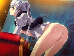 anus bent_over blush bottomless breasts capelet censored cowboy_shot demonion demonion_ii:_maou_to_sannin_no_joou diadem female fur-trimmed_capelet fur_trim game_cg glace_(demonion_ii:_maou_to_sannin_no_joou) indoors jacket long_hair long_sleeves m&m_(mickey_and_mackey) mosaic_censoring nipples official_art open_clothes open_jacket open_mouth profile pussy red_eyes silver_hair small_breasts solo standing twintails very_long_hair white_capelet white_jacket