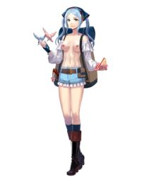 1girls alternate_costume animal backpack bare_legs bare_shoulders biggitybiggitybig blue_eyes blue_hair boots detached_sleeves edit fingerless_gloves fire_emblem fire_emblem_fates fire_emblem_heroes flora_(fire_emblem) flora_(picnic)_(fire_emblem) food gloves grey_eyes grin high_heels looking_at_viewer medium_breasts medium_hair nintendo nipples nude_filter official_art sandwich shorts smile solo topless transparent_background twintails