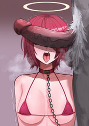 1boy arknights bare_shoulders bikini blush breasts chains cleavage collar collarbone commentary_request erection exusiai_(arknights) female gino gradient gradient_background halo heavy_breathing highres large_penis male_pubic_hair medium_breasts micro_bikini motion_lines nose_blush open_mouth penis penis_on_face pink_background pubic_hair red_bikini red_hair saliva short_hair solo_focus straight swimsuit tongue tongue_out trembling veins veiny_penis