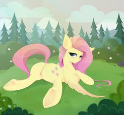 absurd_res anus ass blue_eyes cutie_mark equid equine feathers female feral flower fluttershy_(mlp) friendship_is_magic genitals grass hair hasbro hi_res hooves inner_ear_fluff looking_at_viewer looking_back mammal my_little_pony outside pegasus pink_hair plant pussy rear_view solo sploot spread_legs spreading tongue tongue_out tree tuft wings xsatanielx