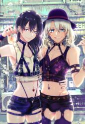 2boys black_hair blonde_hair blue_eyes bulge cute femboy girly male male_only morino_bambi navel_piercing tagme trap