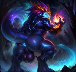 ai_generated anthro ass aurelion_sol bioluminescence blue_balls blue_body blue_penis blue_skin detailed_background gay league_of_legends male male_focus male_only monster muscular notagaylizard presenting presenting_penis solo tagme