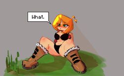 alex_(minecraft) black_panties blush boots bra green_eyes lingerie minecraft mob_face navel nomorechuckn orange_hair panties sitting spread_legs tagme text thick_thighs thighs