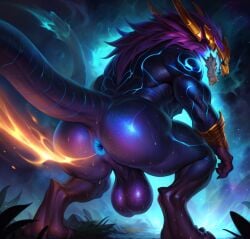 ai_generated anthro ass aurelion_sol balls ballsack bioluminescence blue_anus blue_balls blue_body blue_penis blue_skin detailed_background gay league_of_legends male male_focus male_only monster muscular notagaylizard presenting presenting_anus presenting_hindquaters solo spreading spreading_ass tagme tail