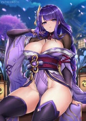 1girls breasts cleavage clothing cyi cyicheng female genshin_impact large_breasts loincloth purple_eyes purple_hair raiden_shogun thick_thighs thighhighs