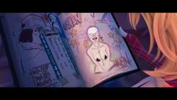 blonde_hair canonical_scene engelhvit female ghost-spider gwen_art_check gwen_stacy marvel mask meme nude spider-gwen spider-man:_across_the_spider-verse spider-man_(series) tongue tongue_out twitter_username