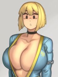 1girls bethesda_softworks big_breasts bimbo blonde_hair breasts choker fallout fallout_(series) fallout_4 female female_focus female_only huge_breasts kelvin_hiu large_breasts mob_face short_hair solo upper_body vault_111 vault_girl vault_meat vault_suit