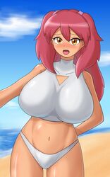 1girls 2021 aged_up beach big_breasts blush hinata_natsumi huge_breasts keroro_gunsou modeler3622 natsumi_hinata pink_hair solo solo_female swimsuit tagme