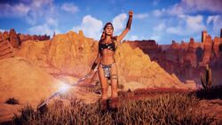 1girls 3d abs aloy alternate_costume armlet armor athletic athletic_female bare_midriff belly belly_button bikini_armor braided_hair chainmail chainmail_bikini cosplay crown female female_only freckles fur_boots hi_res horizon_zero_dawn navel onclebeu outdoors red_hair red_sonja red_sonja_(cosplay) skimpy skimpy_armor solo solo_female solo_focus spear thigh_strap toned toned_female warrior